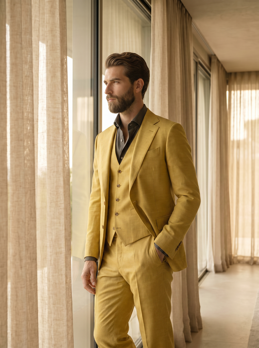Yellow Silk Blend 3-Piece Suit — Custom Made to Measure - side view