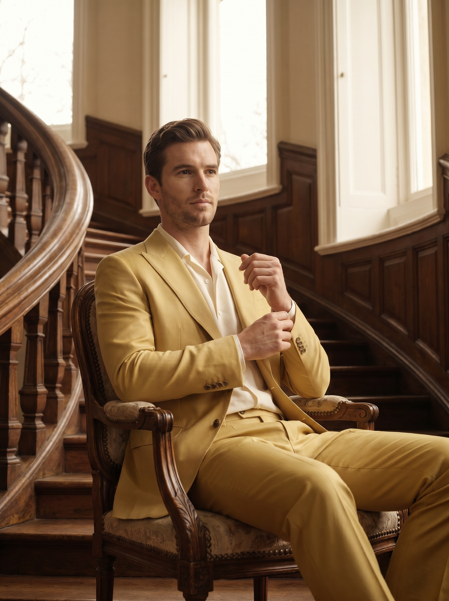 Yellow Silk Blend Suit — Custom Made to Measure - seated view
