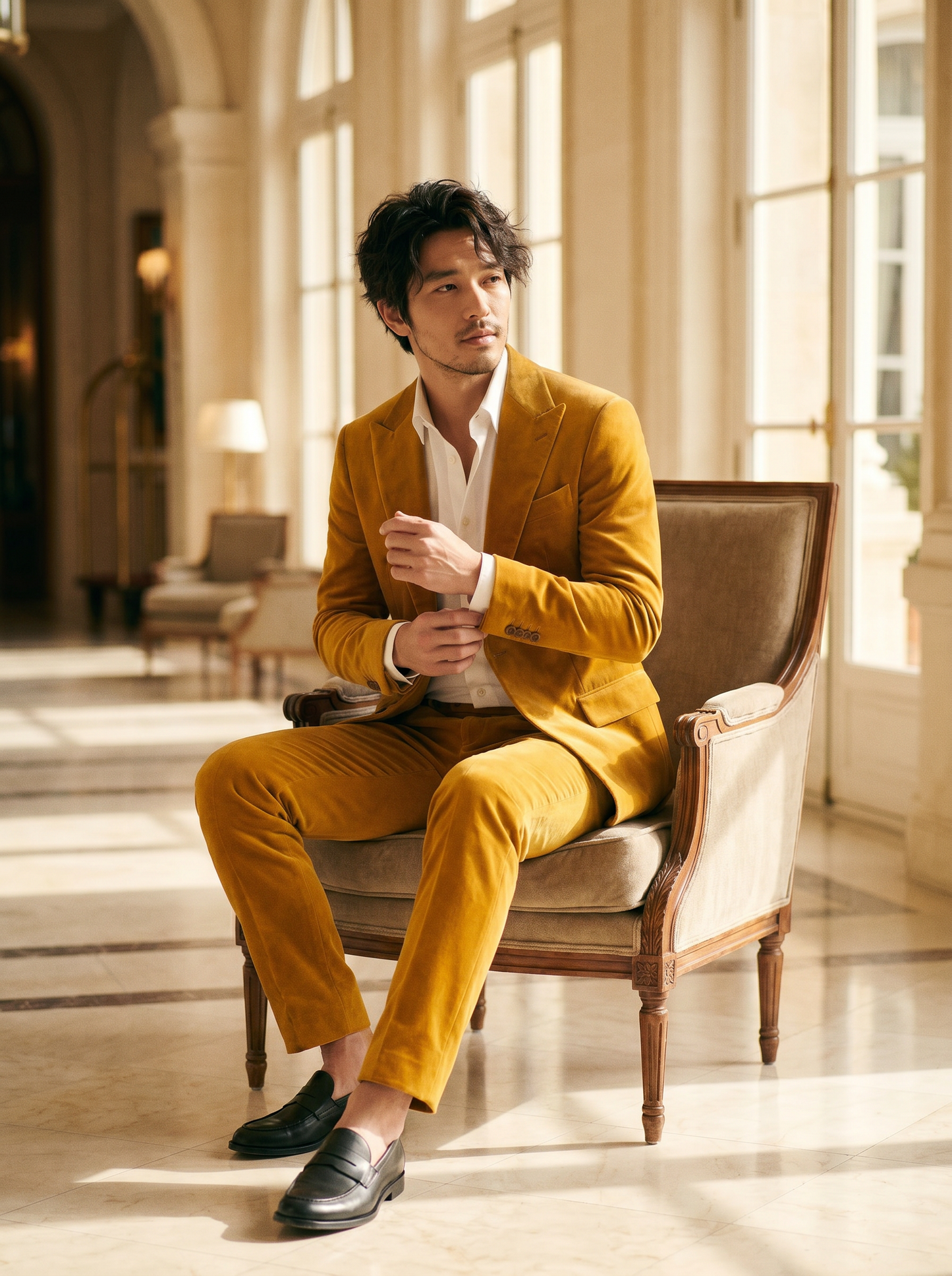 Yellow Velvet Groomsmen Suit — Custom Made to Measure - seated view