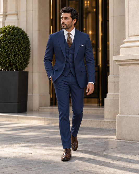 Navy blue wool father of the bride suit, front view