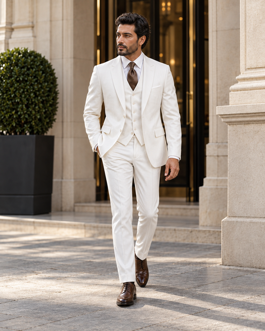 White wool three-piece father of the bride suit, front view