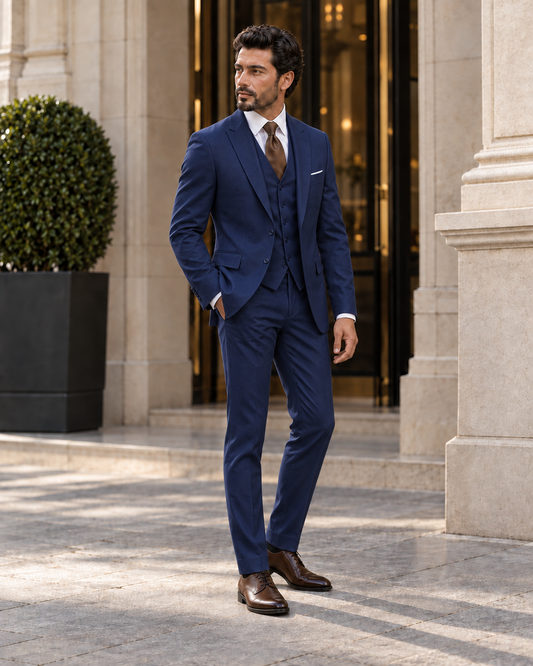 Navy blue wool father of the bride suit, three-quarter view