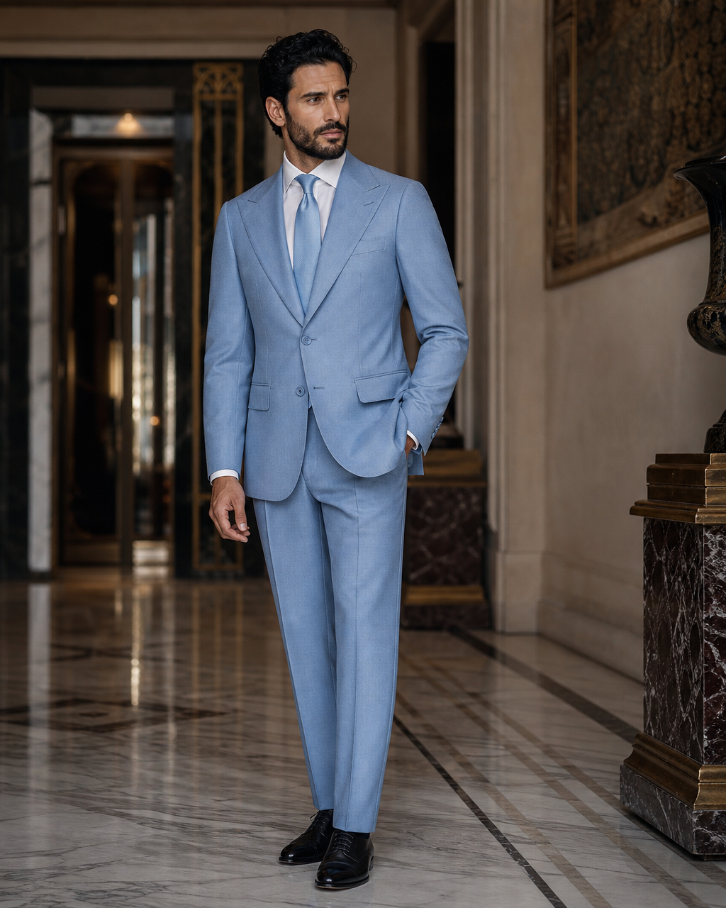 Baby Blue Cashmere Blend Winter Suit - Custom Made to Measure side back view