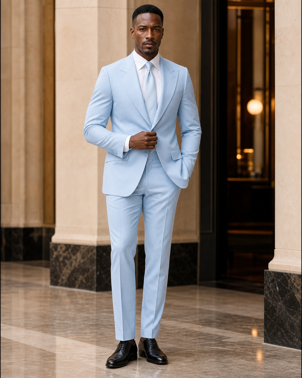 Baby Blue Cotton Beach Wedding Suit - Custom Made to Measure front view