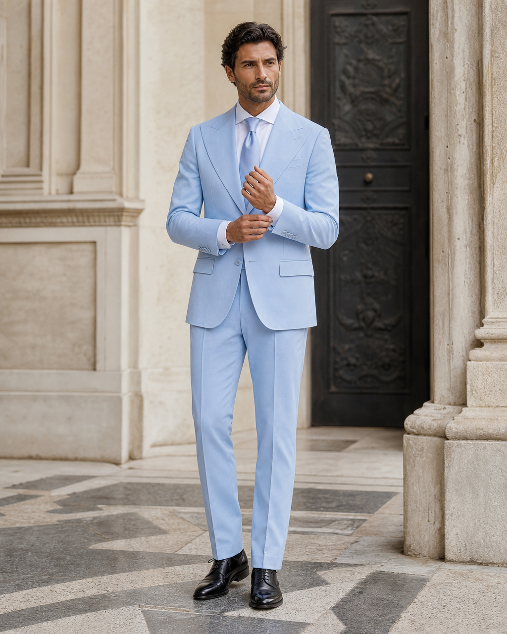 Baby Blue Cotton Outdoor Wedding Suit - Custom Made to Measure front view