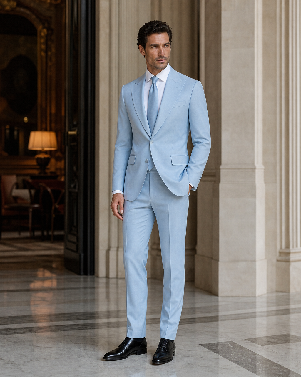 Baby Blue Cotton Outdoor Wedding Suit - Custom Made to Measure side back view