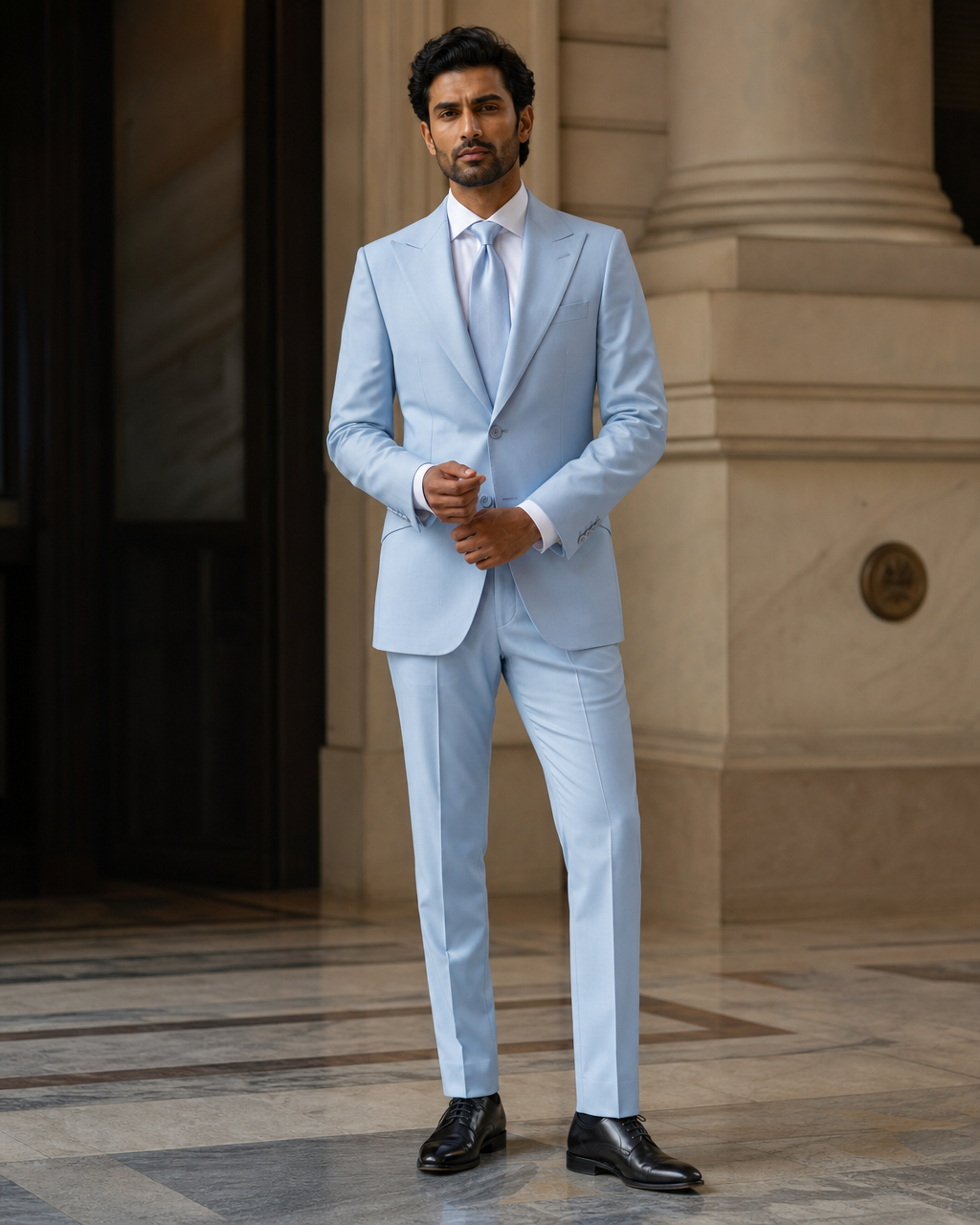 Baby Blue Cotton Summer Suit - Custom Made to Measure front view