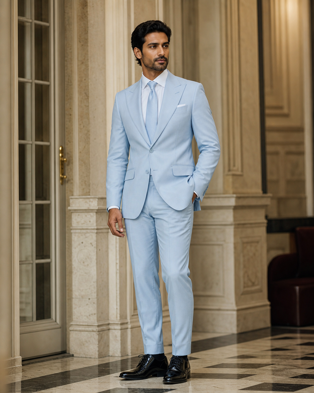 Baby Blue Cotton Summer Suit - Custom Made to Measure side back view