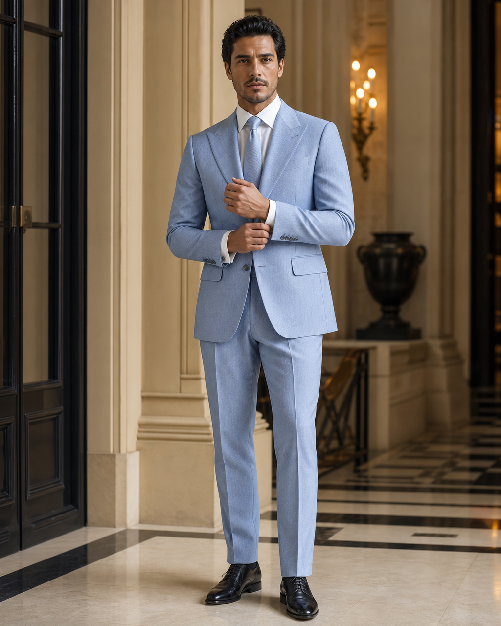 Baby Blue Herringbone Winter Suit - Custom Made to Measure front view