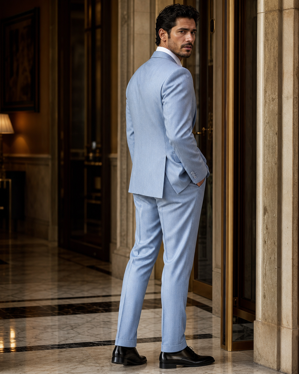 Baby Blue Herringbone Winter Suit - Custom Made to Measure side back view