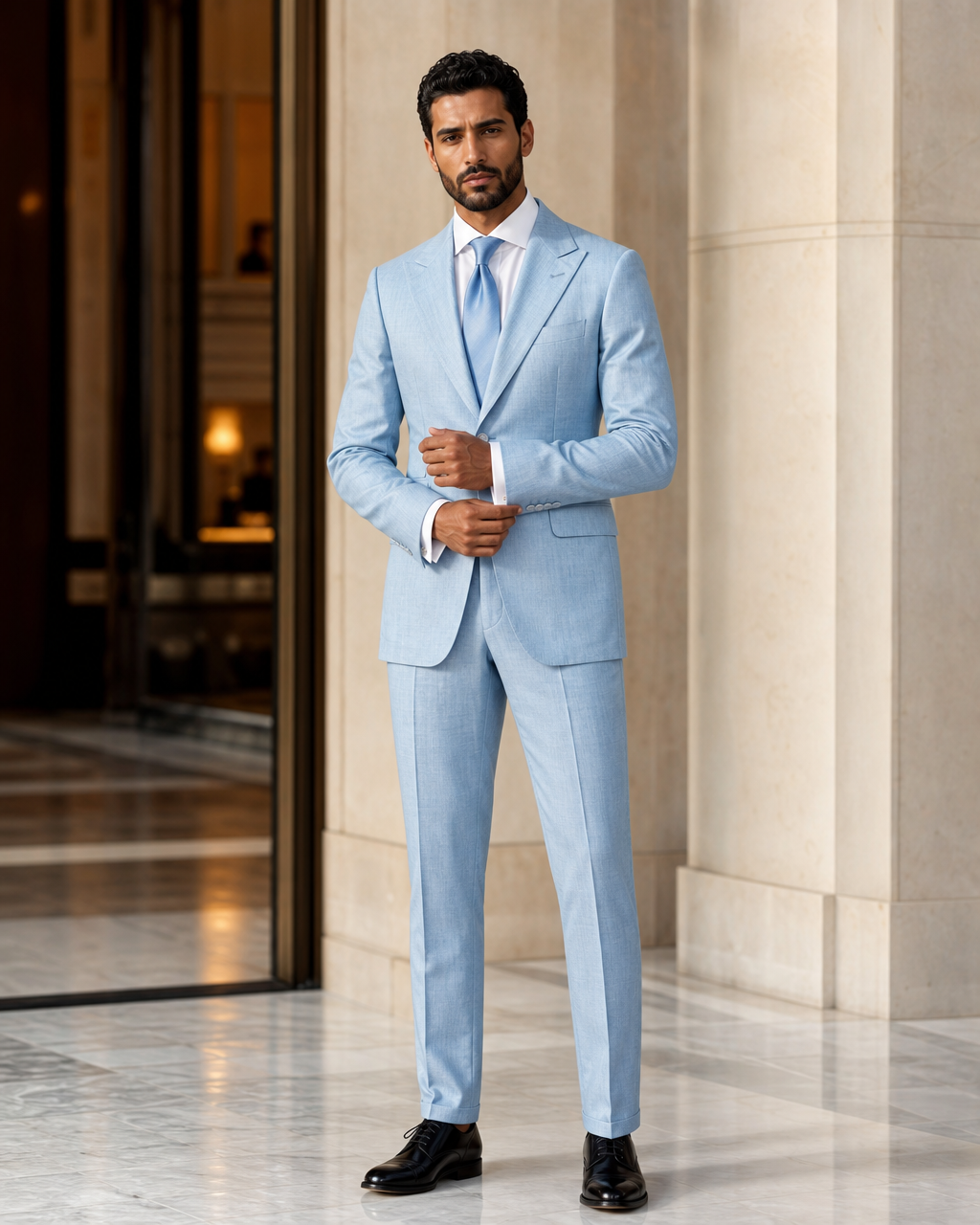 Baby Blue Linen Beach Wedding Suit - Custom Made to Measure front view