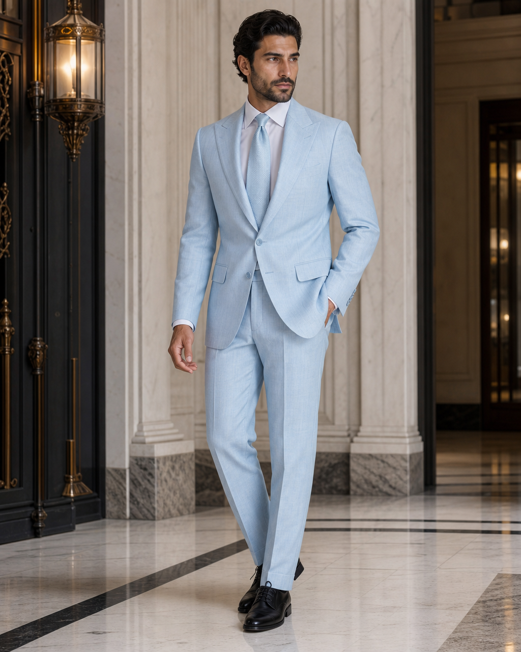 Baby Blue Linen Beach Wedding Suit - Custom Made to Measure side back view