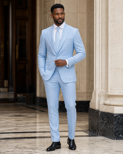 Baby Blue Linen Outdoor Wedding Suit - Custom Made to Measure front view