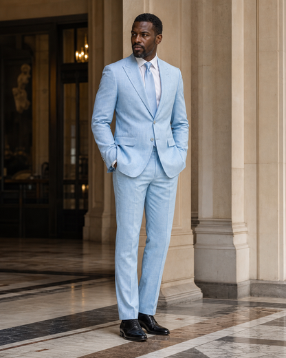 Baby Blue Linen Outdoor Wedding Suit - Custom Made to Measure side back view