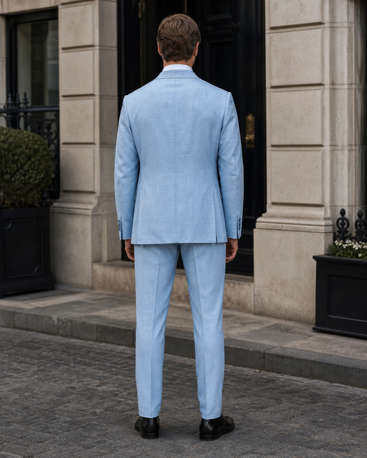 Baby Blue Linen Peak Lapel Suit - Custom Made to Measure back view