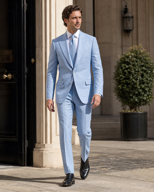 Baby Blue Linen Peak Lapel Suit - Custom Made to Measure front view