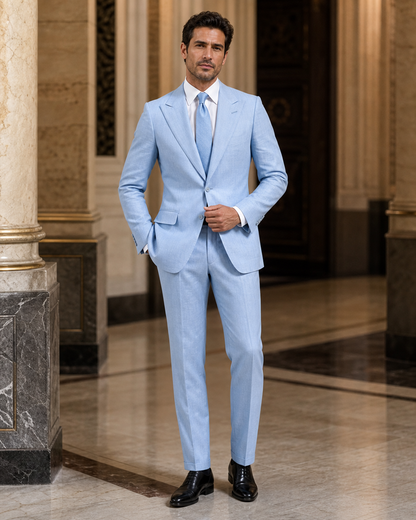 Baby Blue Linen Summer Suit - Custom Made to Measure front view