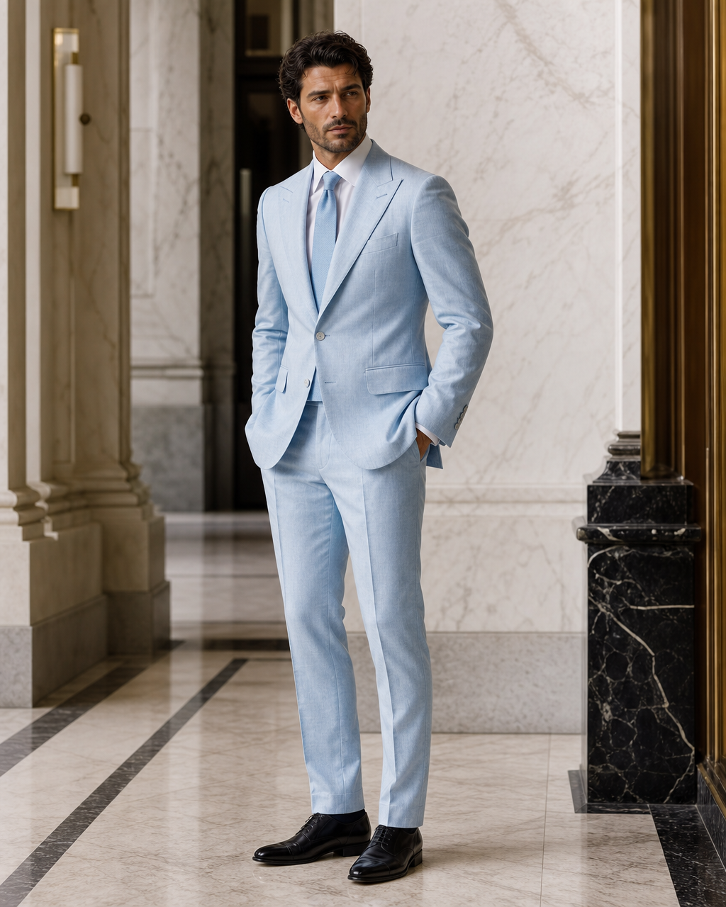 Baby Blue Linen Summer Suit - Custom Made to Measure side back view