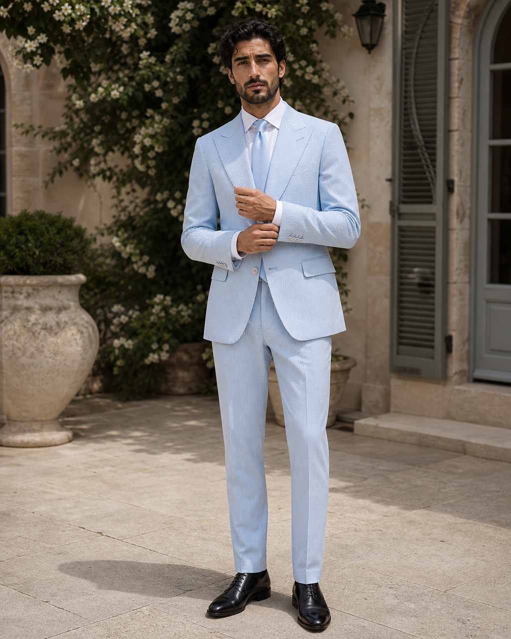 Baby Blue Seersucker Outdoor Wedding Suit — Custom Made to Measure front view