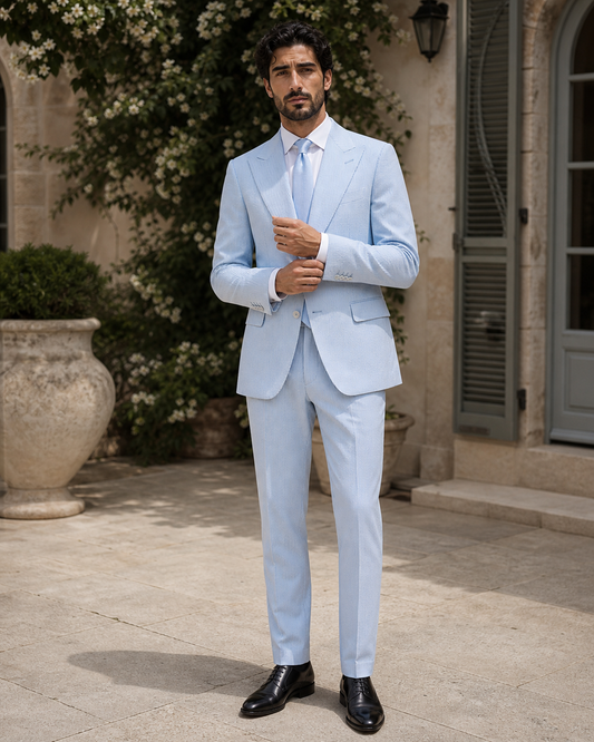 Baby Blue Seersucker Outdoor Wedding Suit — Custom Made to Measure front view