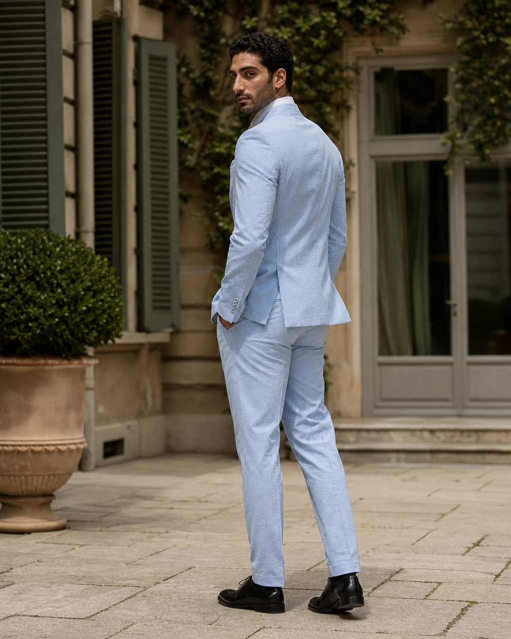 Baby Blue Seersucker Outdoor Wedding Suit — Custom Made to Measure side back view