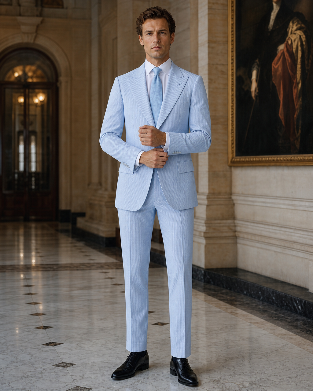 Baby Blue Seersucker Summer Suit - Custom Made to Measure front view