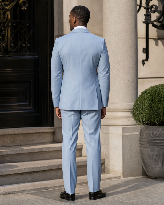 Baby Blue Silk Blend Peak Lapel Suit - Custom Made to Measure back view