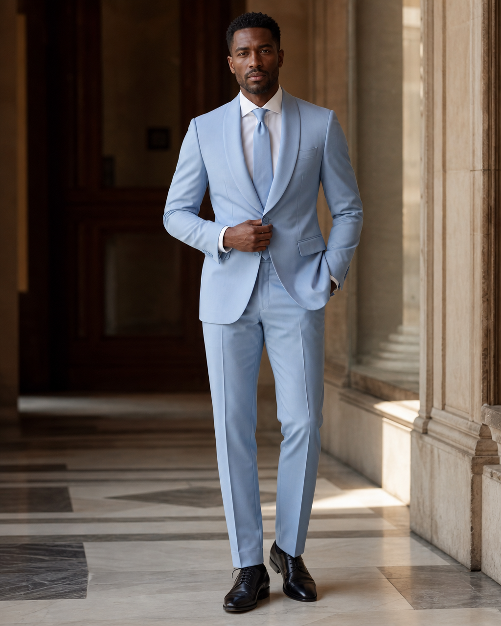 Baby Blue Silk Blend Shawl Lapel Suit - Custom Made to Measure front view