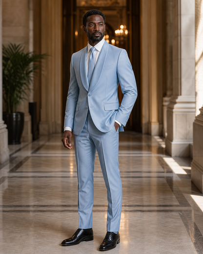 Baby Blue Silk Blend Shawl Lapel Suit - Custom Made to Measure side back view