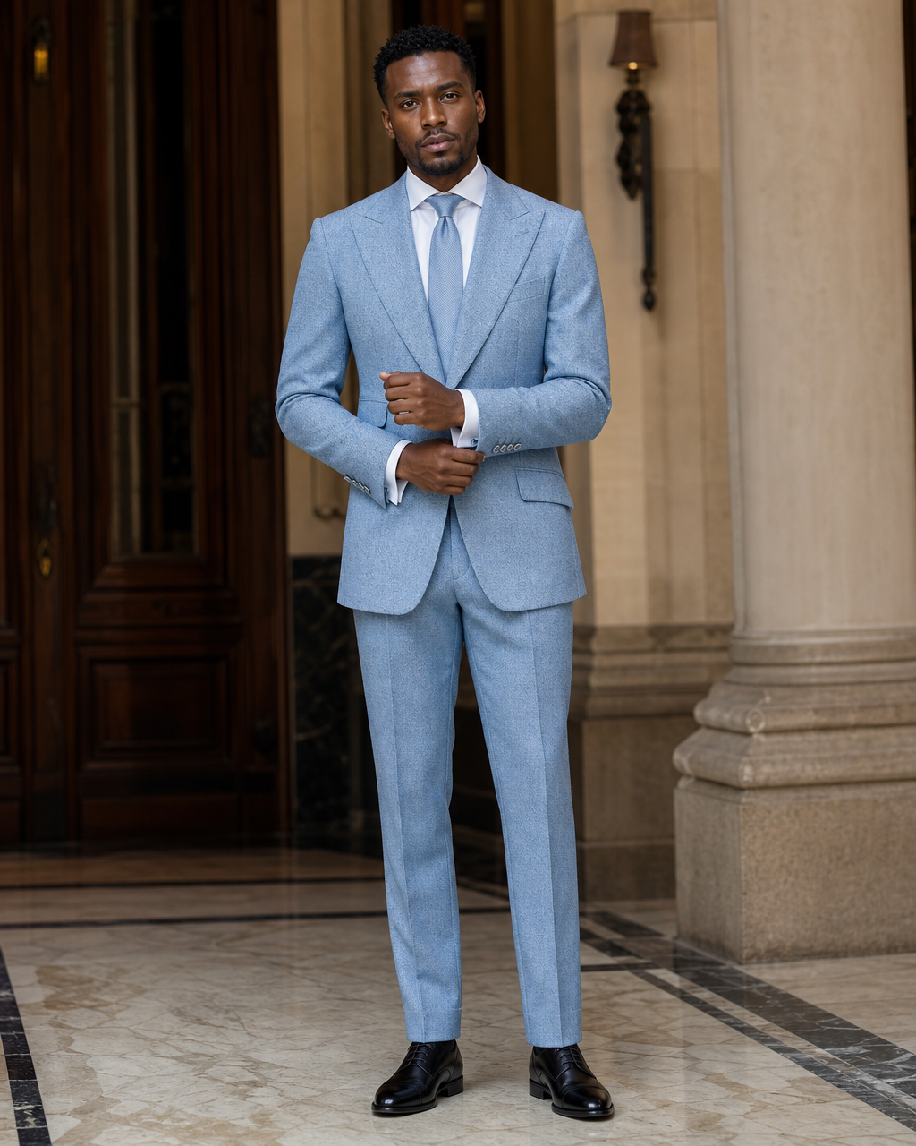 Baby Blue Tweed Winter Suit - Custom Made to Measure front view