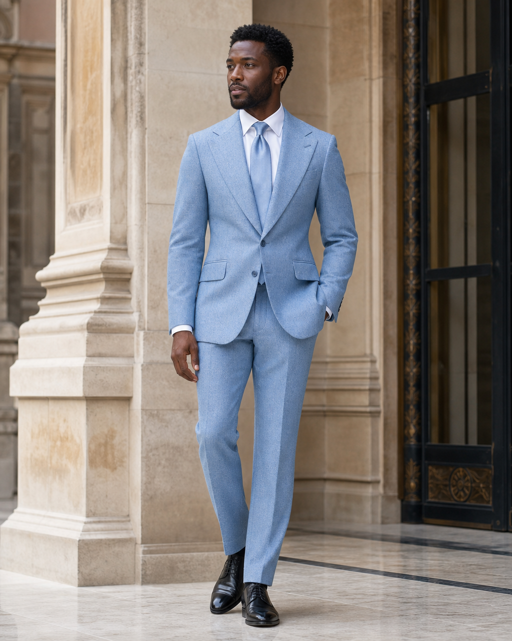 Baby Blue Tweed Winter Suit - Custom Made to Measure side back view