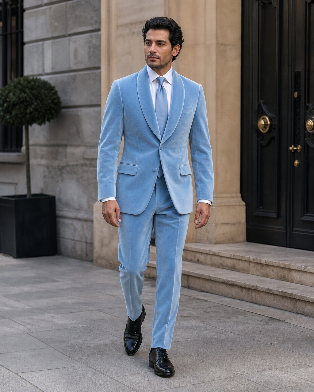 Baby Blue Velvet Shawl Lapel Suit — Custom Made to Measure