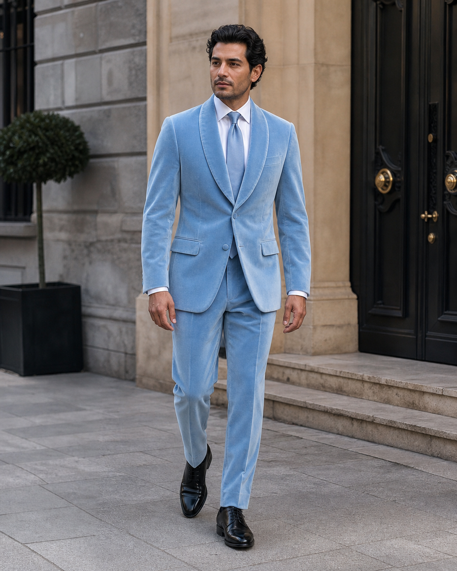 Baby Blue Velvet Shawl Lapel Suit — Custom Made to Measure