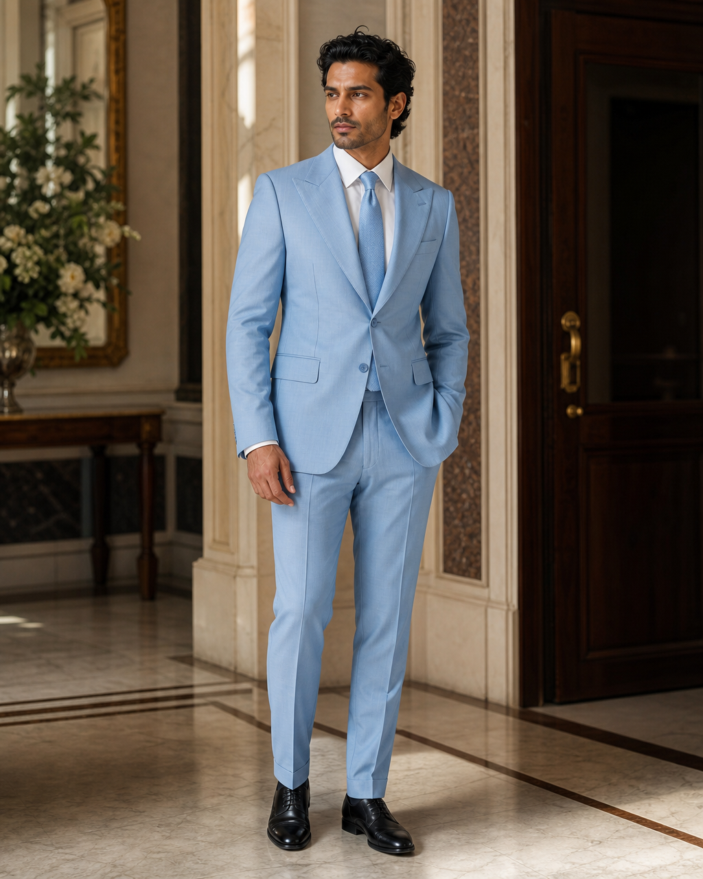 Baby Blue Wool Outdoor Wedding Suit - Custom Made to Measure side back view