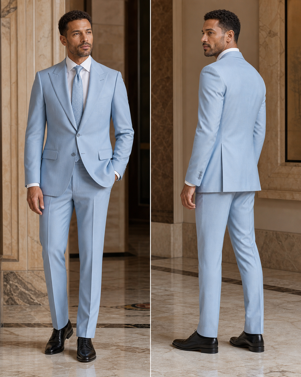 Baby Blue Wool Winter Suit - Custom Made to Measure side back view
