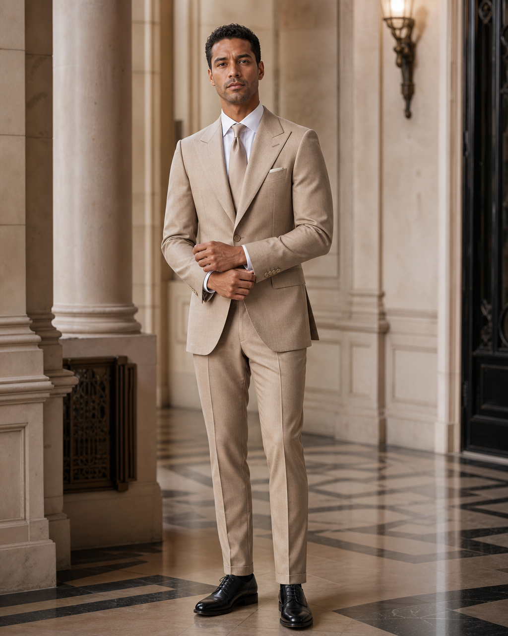 Beige Cashmere Blend Winter Suit - Custom Made to Measure front view