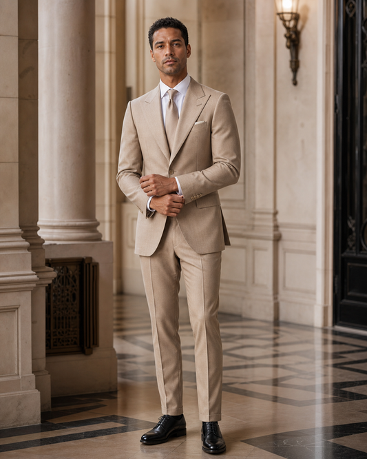 Beige Cashmere Blend Winter Suit - Custom Made to Measure front view