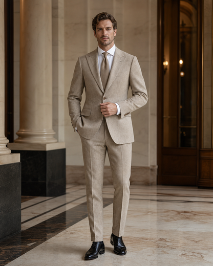 Beige Herringbone Winter Suit - Custom Made to Measure front view