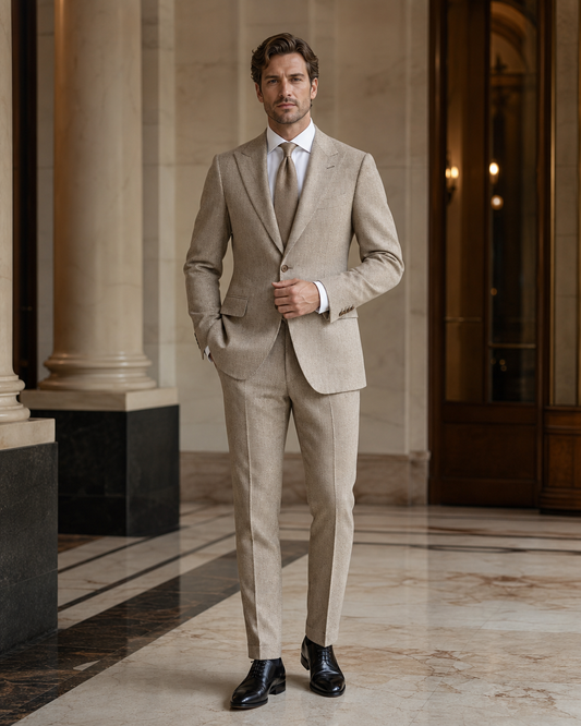 Beige Herringbone Winter Suit - Custom Made to Measure front view