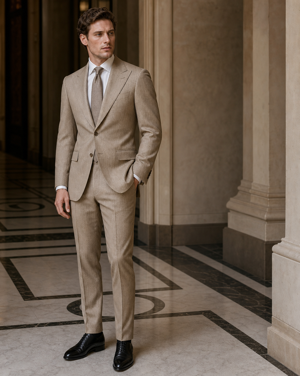 Beige Herringbone Winter Suit - Custom Made to Measure side back view