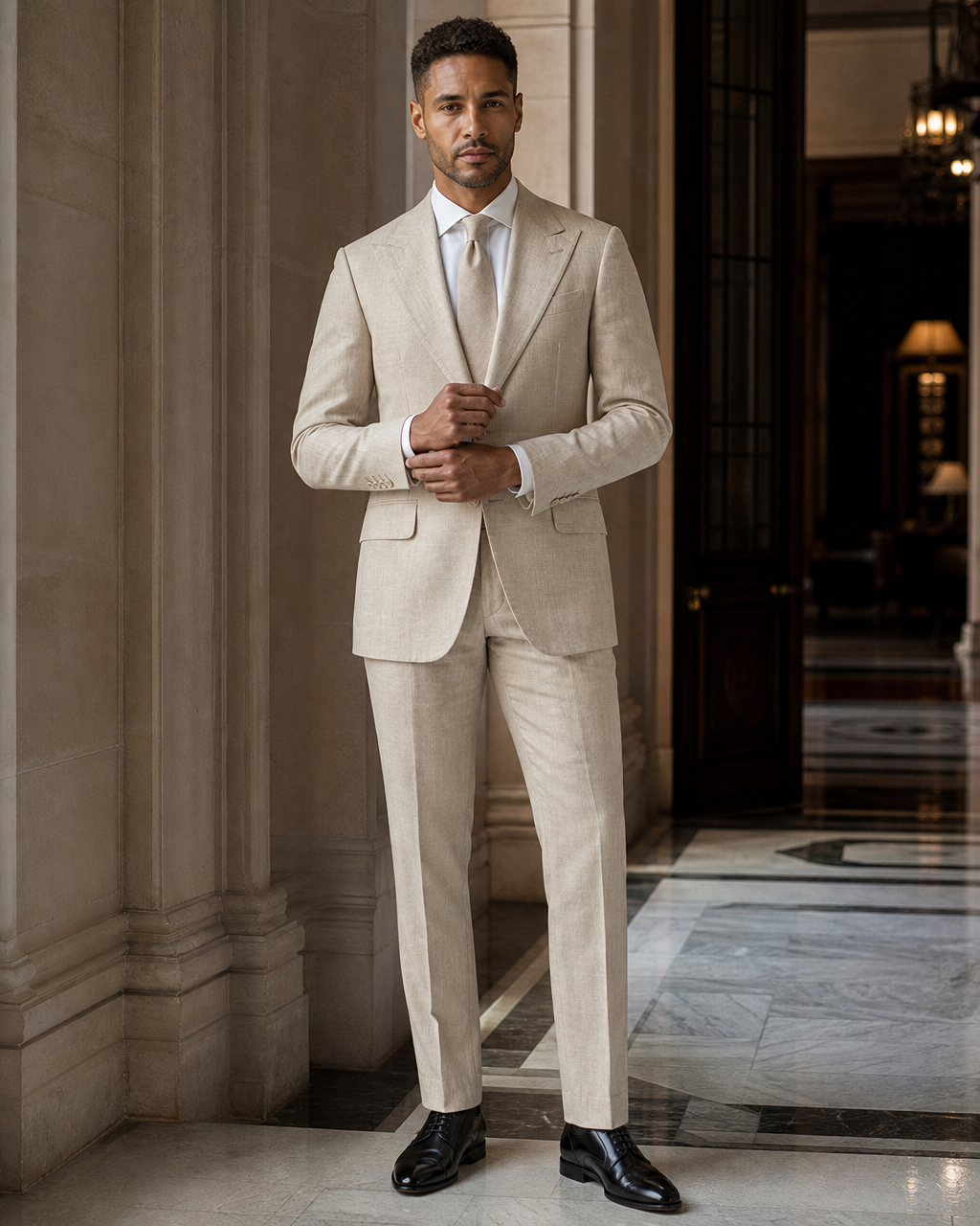 Beige Linen Beach Wedding Suit - Custom Made to Measure front view