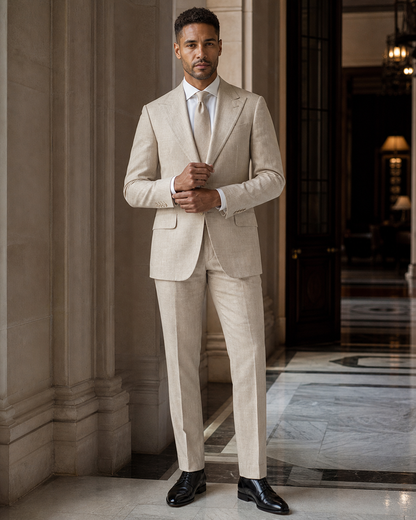 Beige Linen Beach Wedding Suit - Custom Made to Measure front view