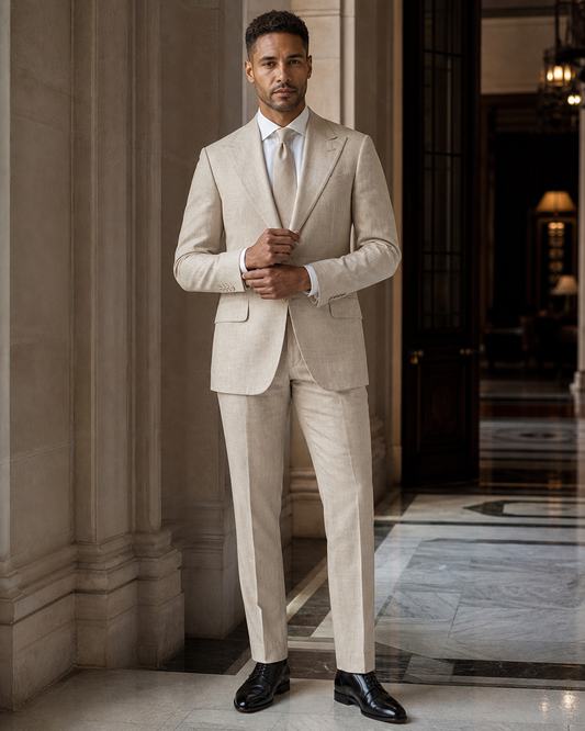 Beige Linen Beach Wedding Suit - Custom Made to Measure front view