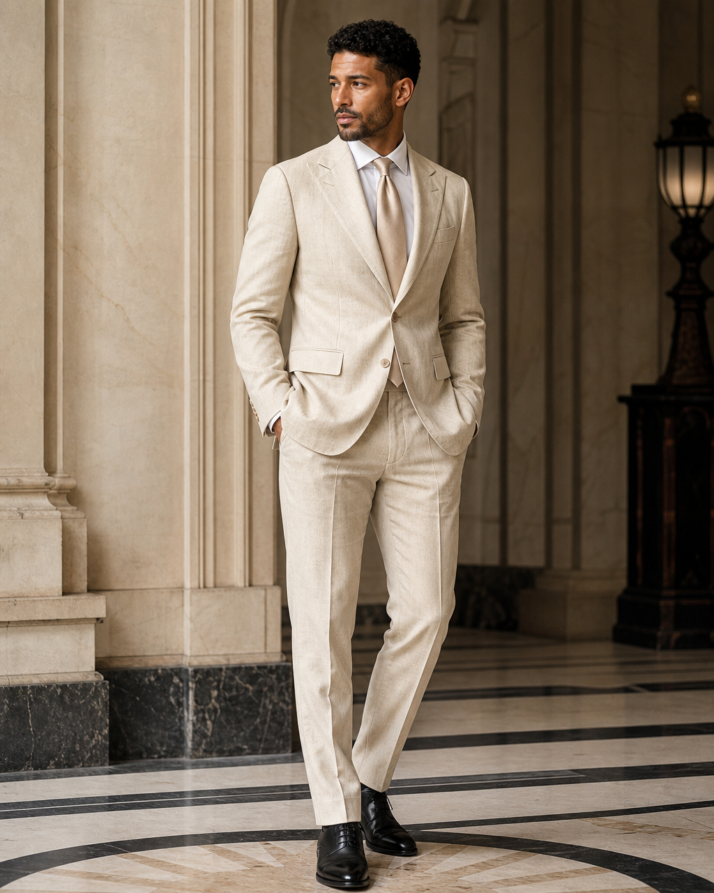 Beige Linen Beach Wedding Suit - Custom Made to Measure side back view