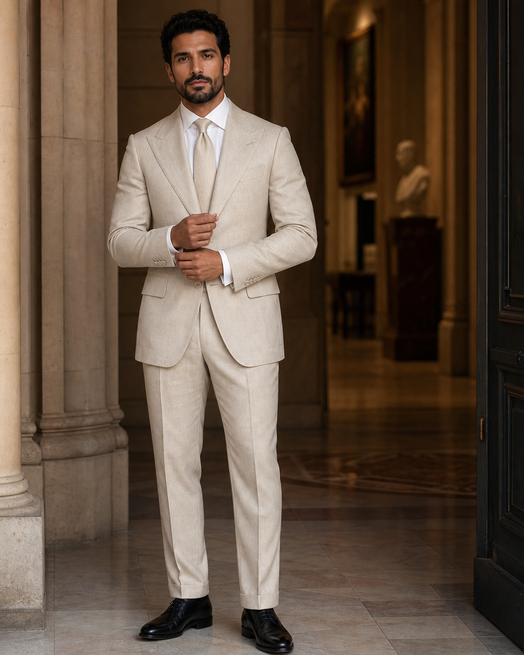Beige Linen Outdoor Wedding Suit - Custom Made to Measure front view