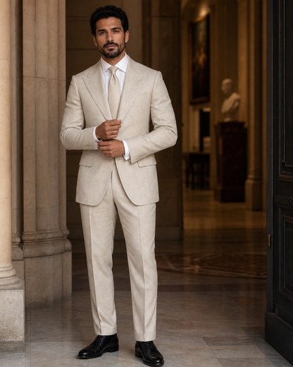 Beige Linen Outdoor Wedding Suit - Custom Made to Measure front view