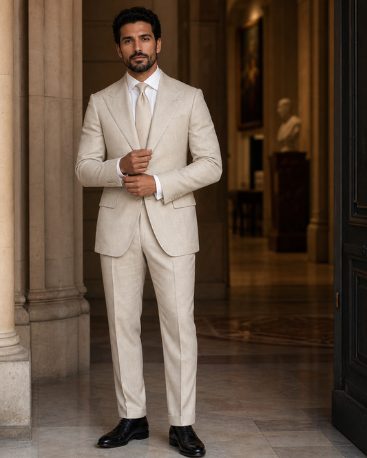 Beige Linen Outdoor Wedding Suit - Custom Made to Measure front view