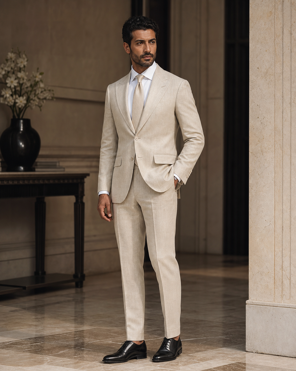 Beige Linen Outdoor Wedding Suit - Custom Made to Measure side back view