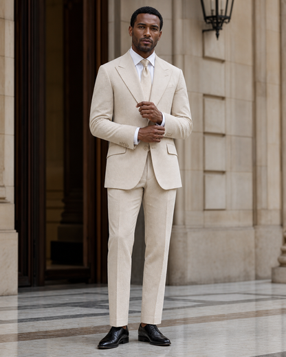 Beige Seersucker Beach Wedding Suit - Custom Made to Measure front view