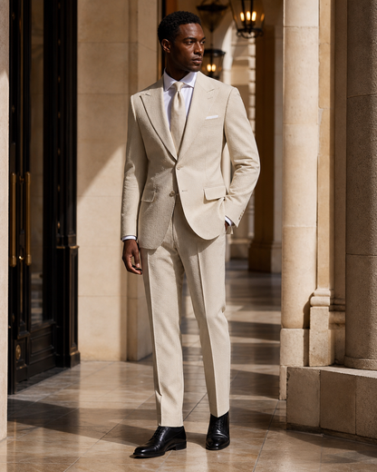 Beige Seersucker Beach Wedding Suit - Custom Made to Measure side back view